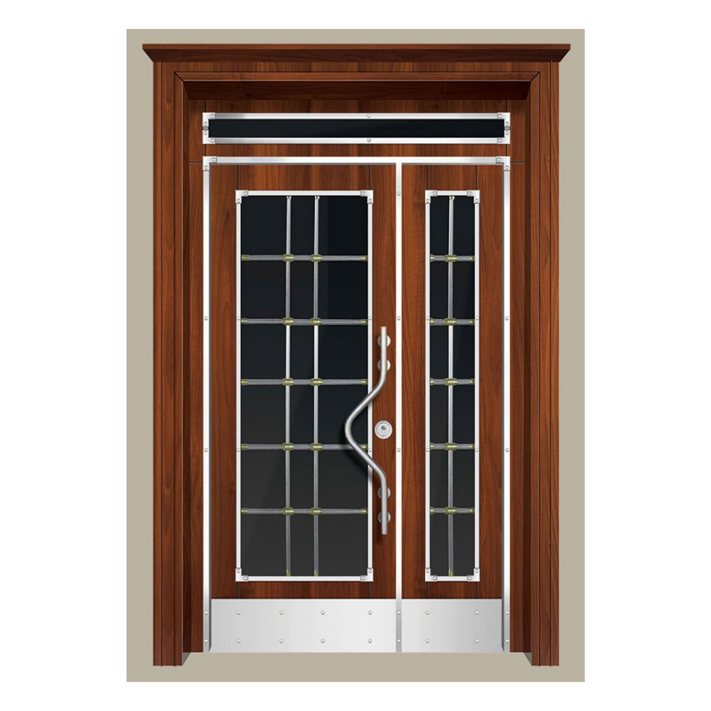 Ahşap Desenli Camlı Çift Kanat Bina Giriş Kapısı - Şıklık ve Dayanıklılık 005BGK