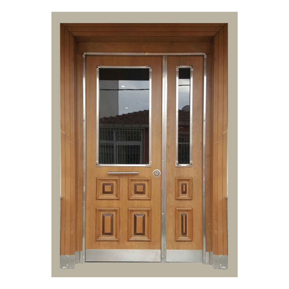 Klasik Ahşap Desenli Camlı Çift Kanat Bina Giriş Kapısı - Zarafet ve Güvenlik 006BGK