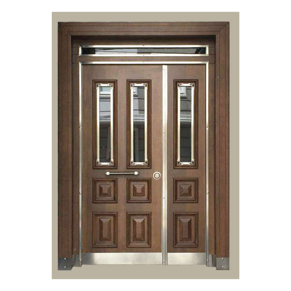 Klasik Ahşap Desenli Camlı Çift Kanatlı Giriş Kapısı - Güvenlik ve Şıklık 007BGK
